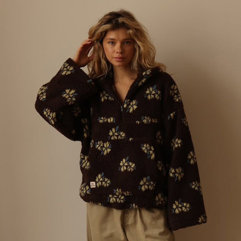 Women's floral zip-neck pocket sweatshirt