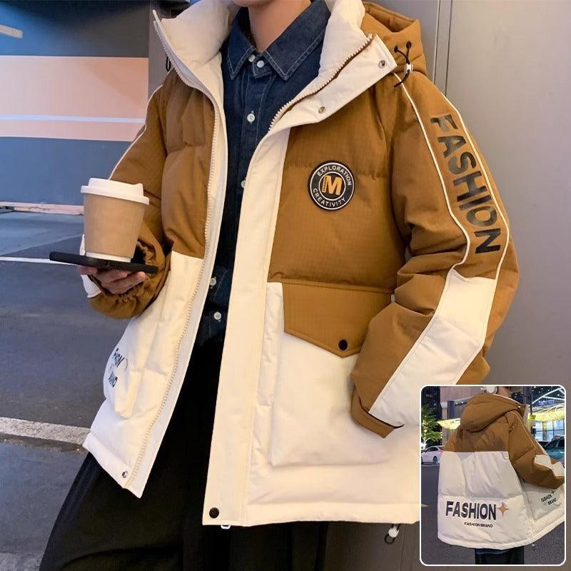 Brown thick hooded jacket with white lining, snap front, sleeve patch and logo