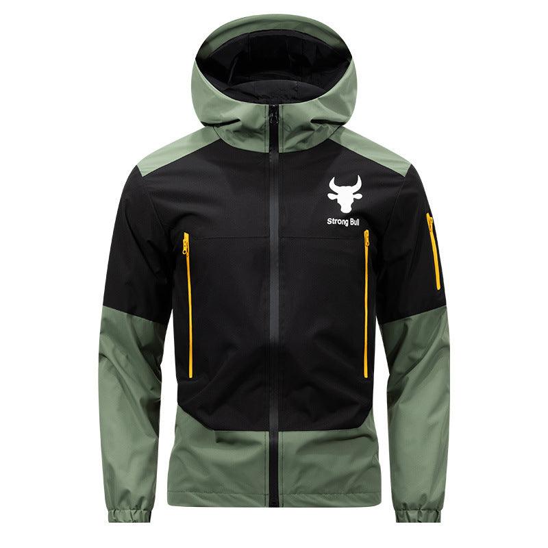 Men's windproof hood work jacket, two-tone black and army green with yellow zip pulls