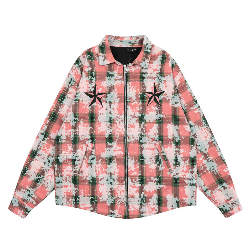 Distressed Tie-dyed Plaid Shirt Jacket For Men