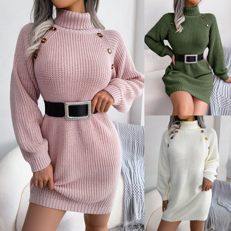 Leisure Clinch Turtleneck Long Sleeve Base Sweater Dress - WOMONA.COM