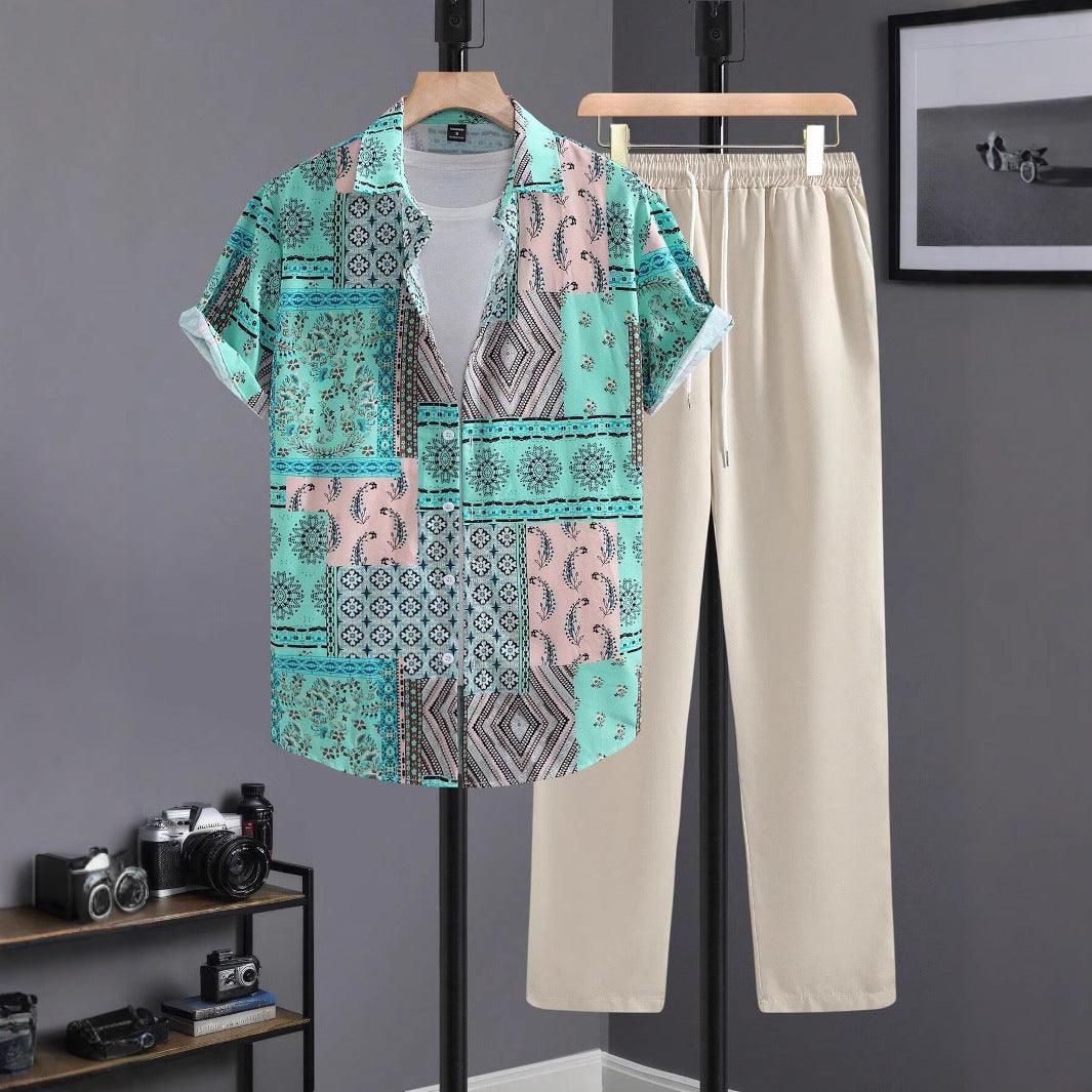 Casual printed short-sleeve shirt and cream drawstring trousers set, teal and pink patchwork