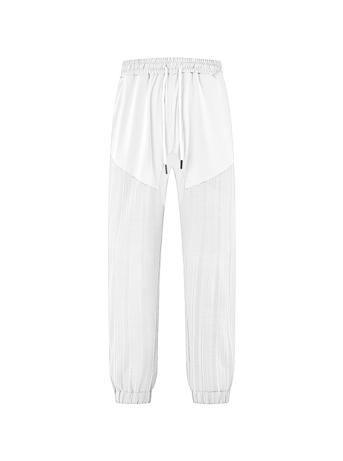 White jogger sweatpants with elastic waistband and drawstring; tapered cuffed legs