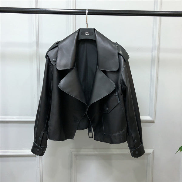 Women's Short Loose Small Leather Jacket - WOMONA.COM