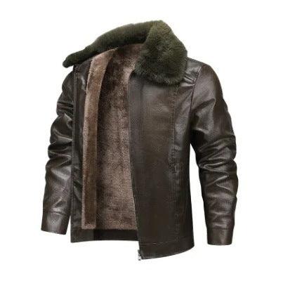 Men’s brown leather coat with plush faux-fur hood and zip front