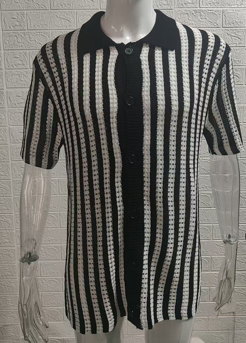 Men’s striped short-sleeve button jacket with lapel collar, black-and-white vertical stripes.
