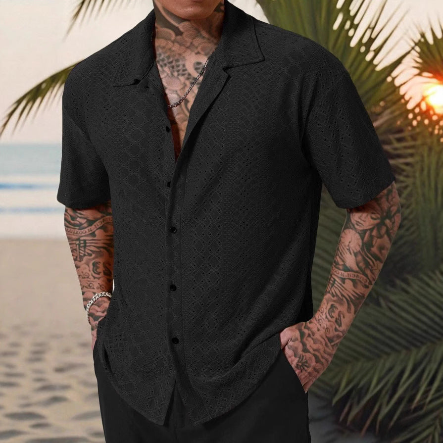Men’s black short-sleeve button-up casual shirt with camp collar and subtle texture