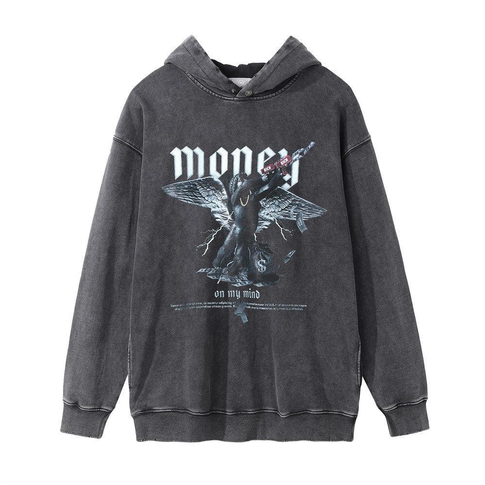 Dark Angel Print Washed And Worn Hooded Pullover - WOMONA.COM