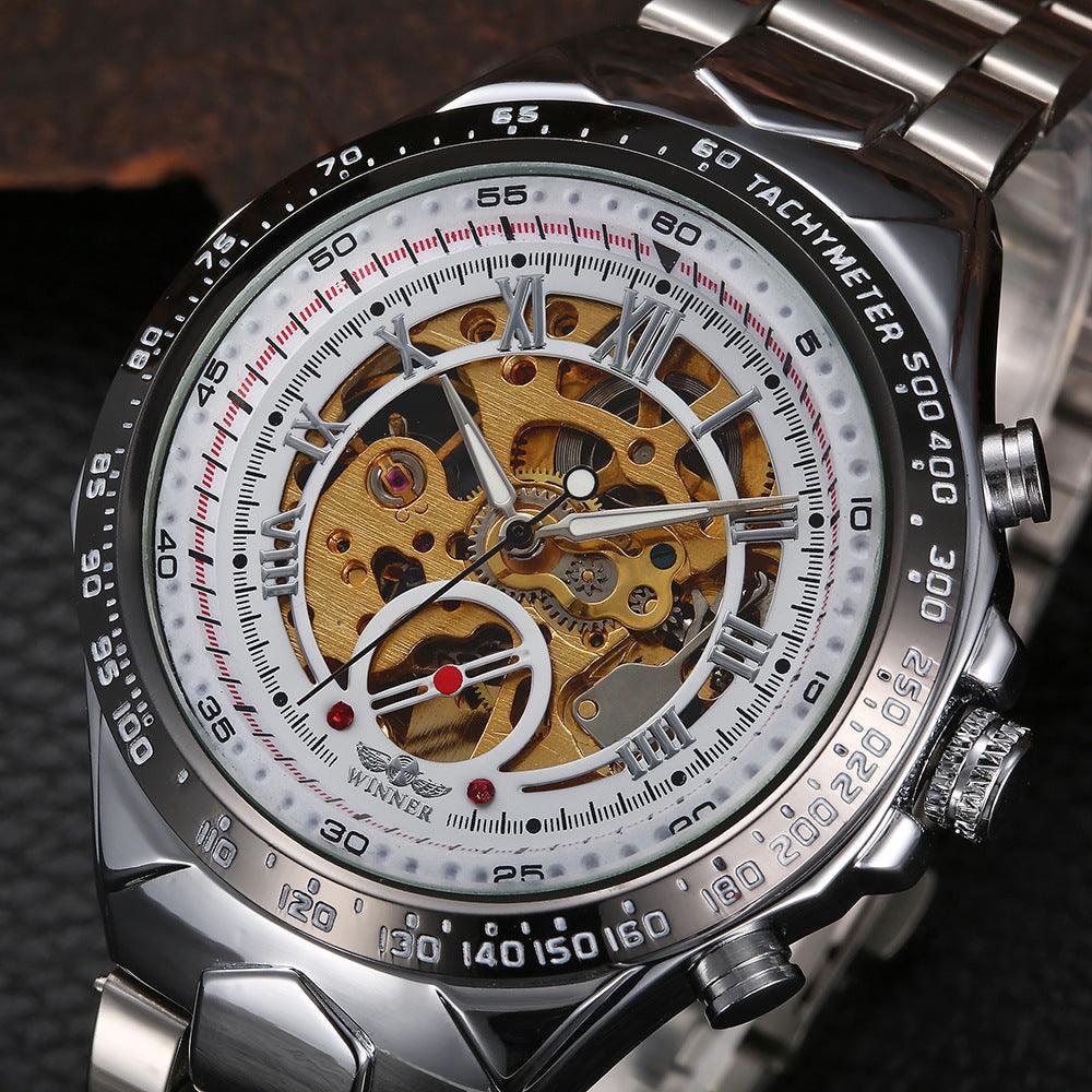 Steel automatic skeleton watch with black bezel and gold-toned openwork dial