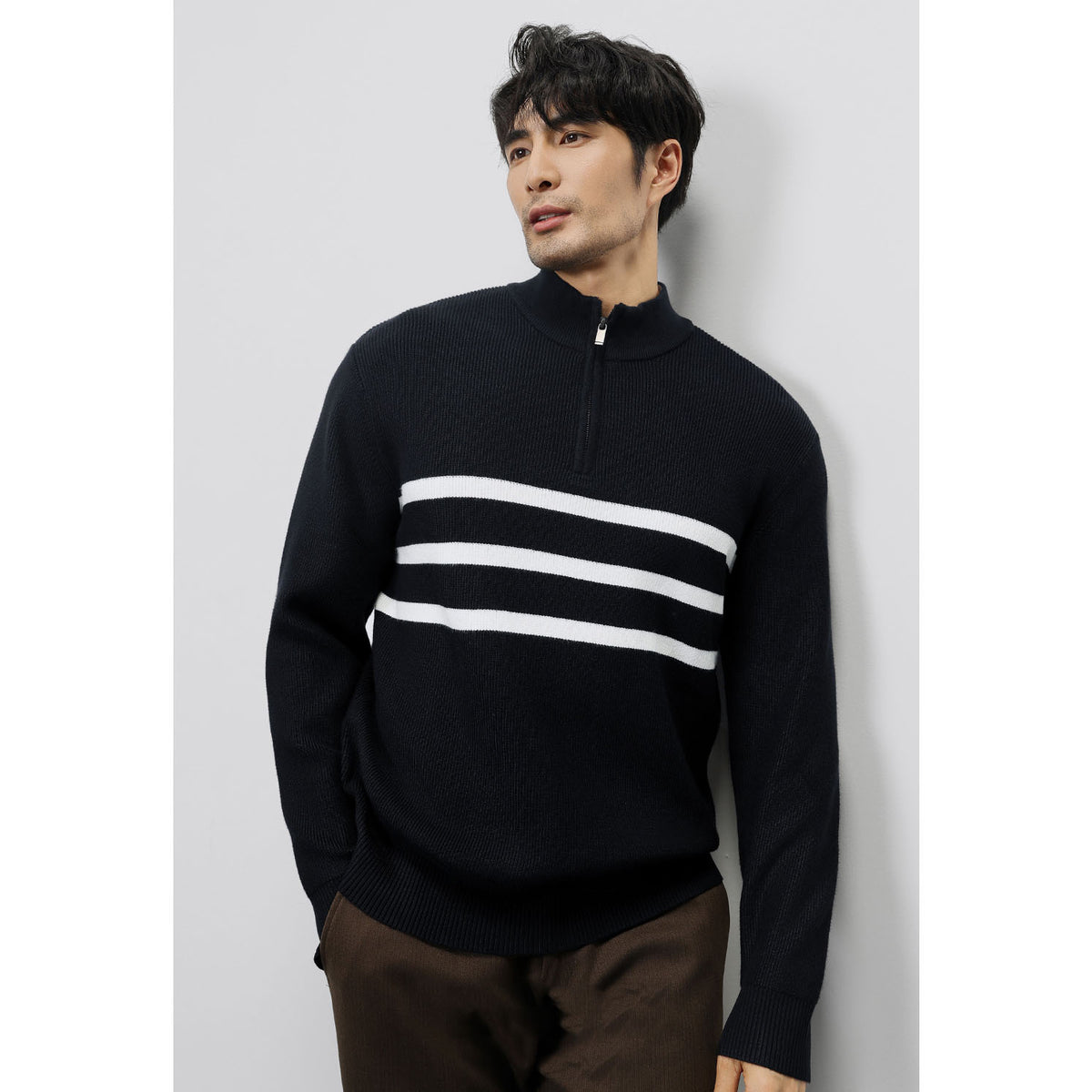 Men's Striped Half-Zip Knit Sweater, Black - product view 2