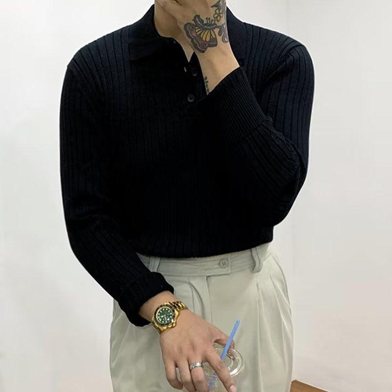 Men's black ribbed knit polo sweater, front view of collar and button placket
