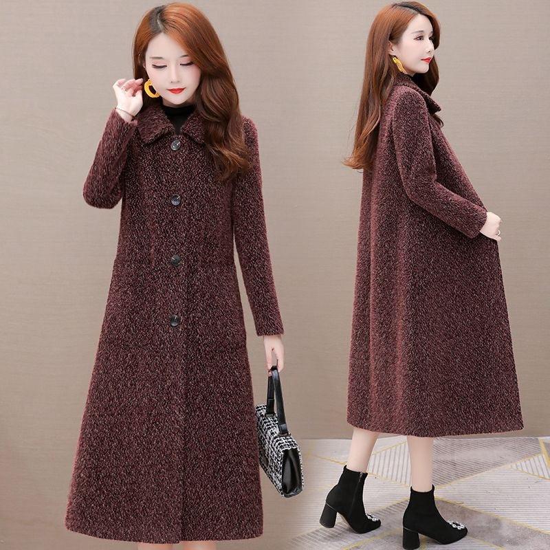 Women’s maroon textured fleece coat, stand collar, button front, side slit