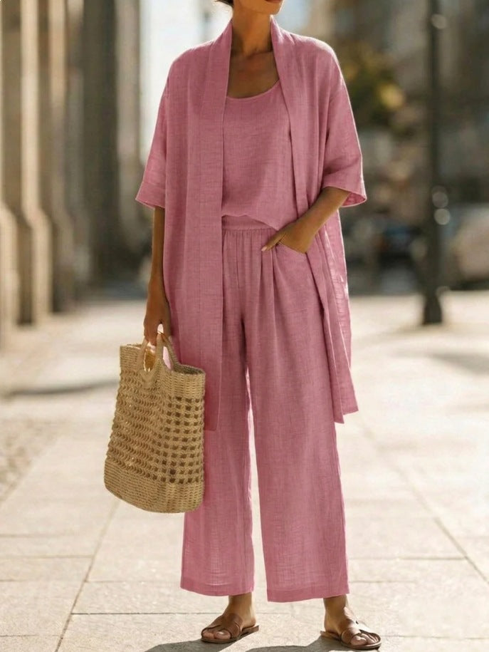 Women's cardigan tank and straight-leg pants set
