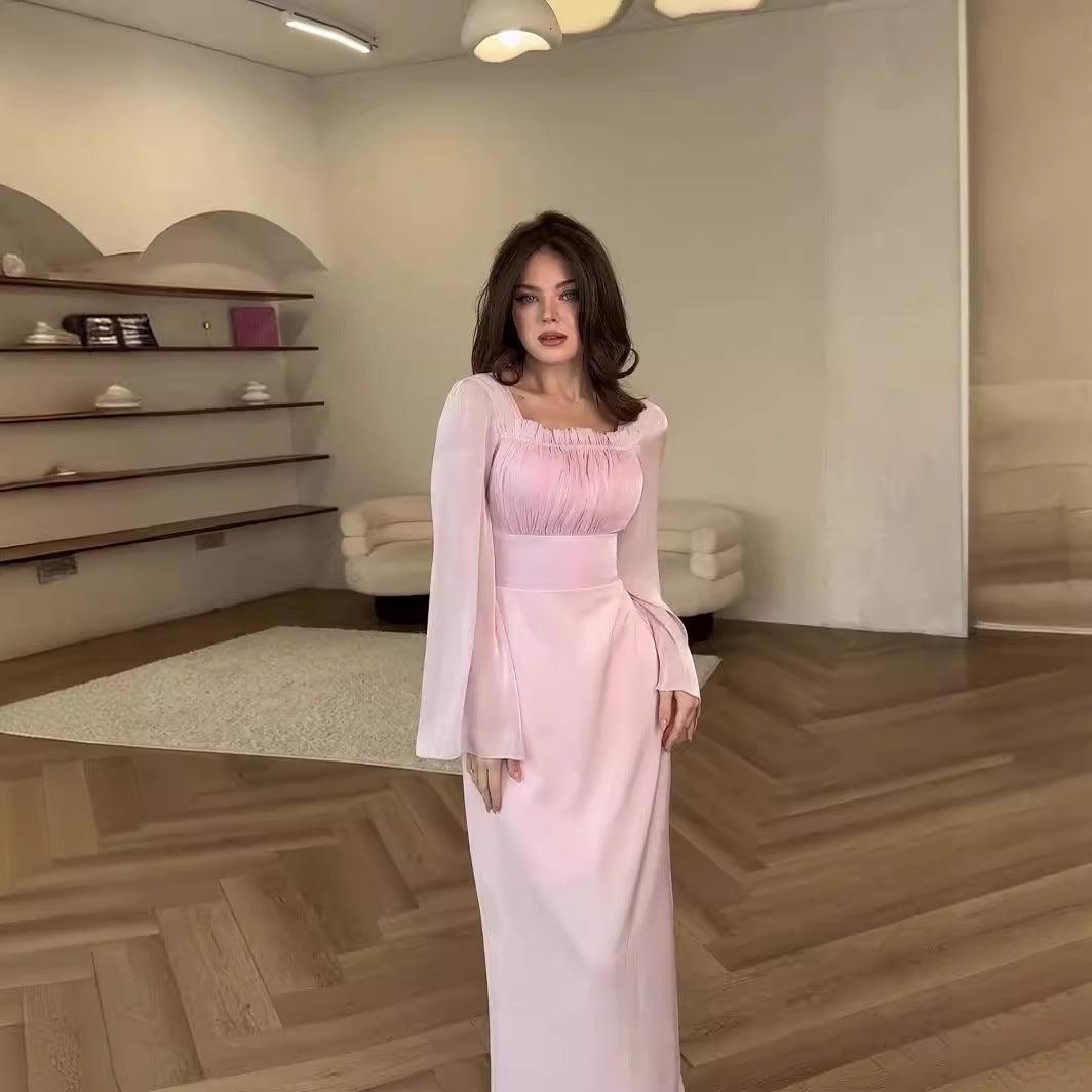 Ruffle Mercerized Solid Color Bell Sleeve Dress - WOMONA.COM