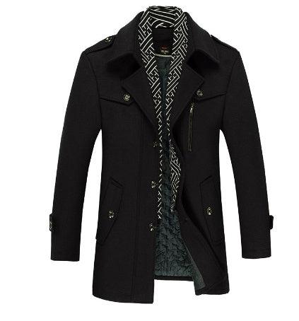 Black padded coat with stand collar, button front, side pockets, and patterned lining.