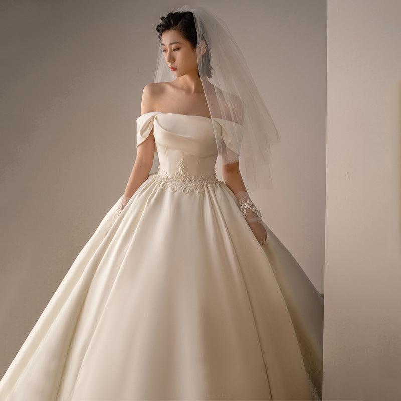 Women's Satin Off-shoulder Retro Fashion Trailing Wedding Dress - WOMONA.COM