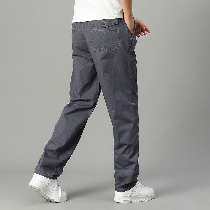 Dark gray cotton casual long pants with side pockets and button waistband.