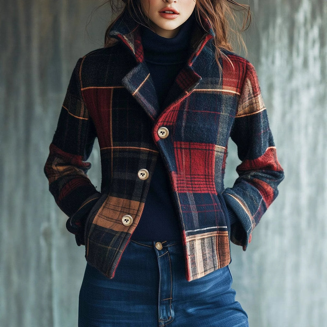 Plaid retro warm coat with stand collar, button front, blue red white check