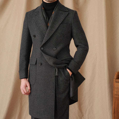 Dark gray wool herringbone double-breasted polo coat with tie waist belt