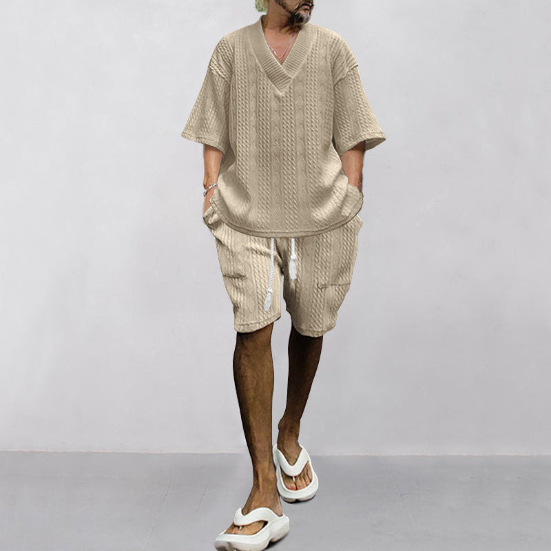 Men's Casual Loose Jacquard Knitwear Shorts Suit