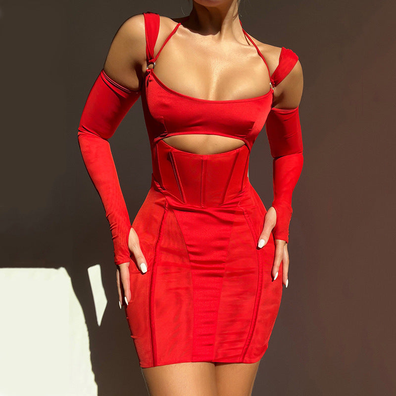 Damen Sling Tight Dress Mode rückenfrei Mesh durchsichtiger Hüftrock