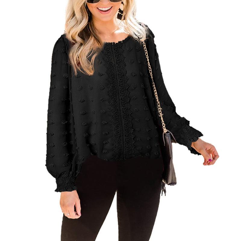 Chiffon Jacquard Lantern Long-sleeved Round Neck Blouse Women - WOMONA.COM