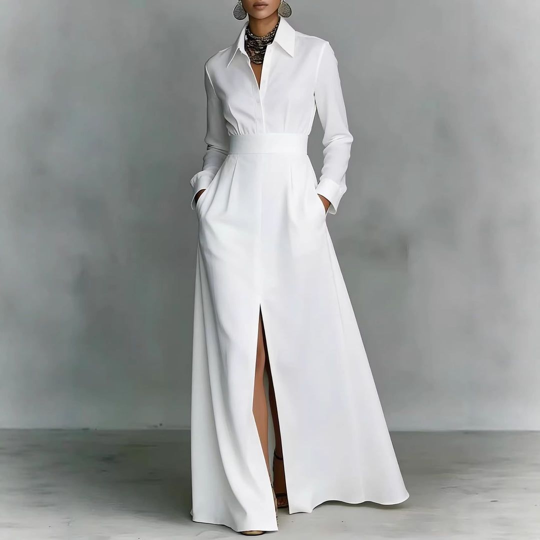 White lapel split A-line dress with long sleeves and fitted waist