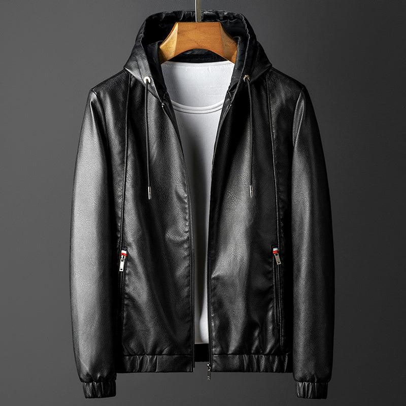 Black leather hooded jacket with front zipper, drawstring hood, ribbed cuffs
