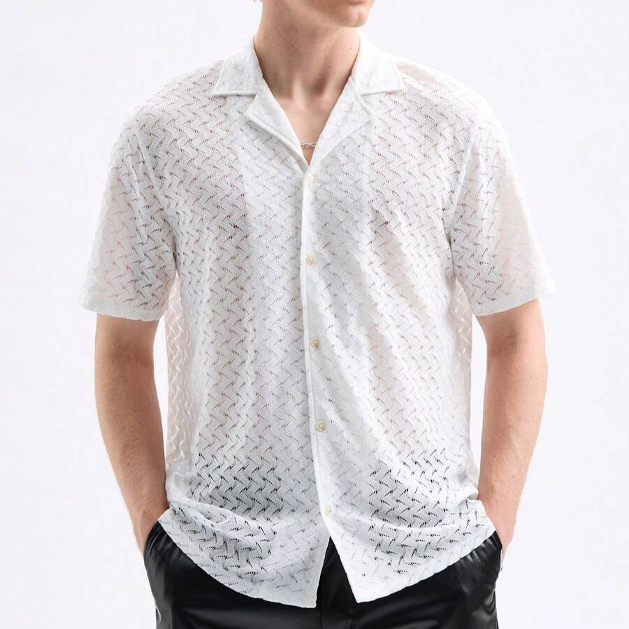 Men's white knitted jacquard short-sleeve shirt with lapel and button front
