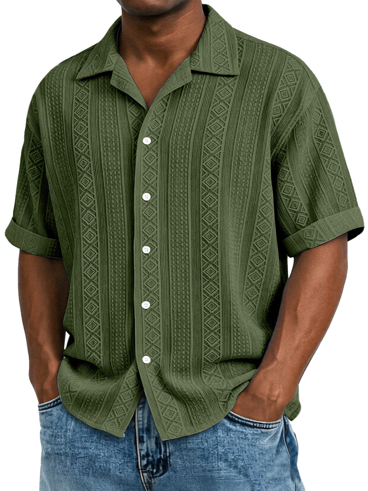 Men's jacquard short-sleeve shirt in army green with geometric panel pattern