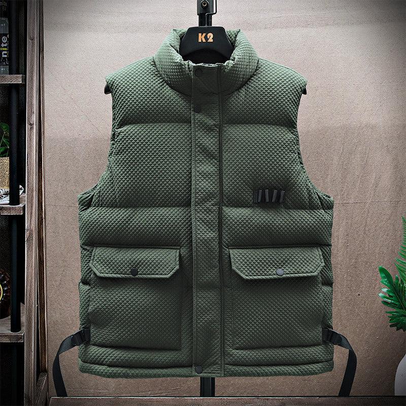 Men's quilted padded waistcoat with stand collar, green, two flap pockets, zip front