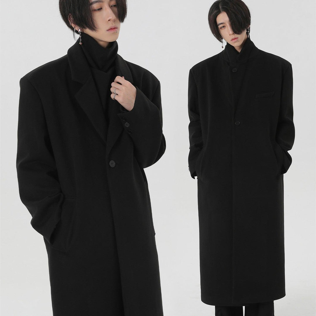 Men's black long wool overcoat with high collar, notched lapels, button front