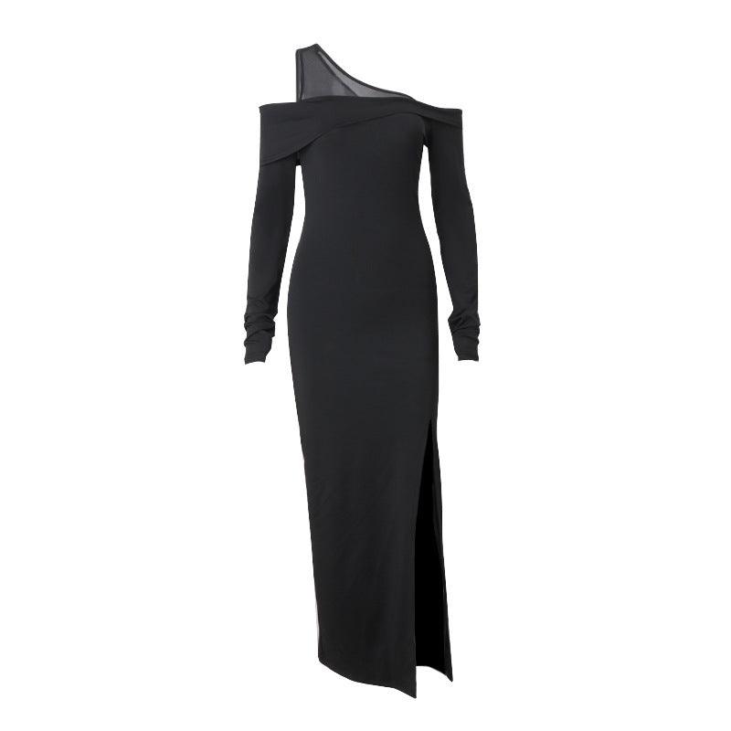 Sexy Diagonal Collar Side Slit Slim-fit Long Sleeve Dress - WOMONA.COM