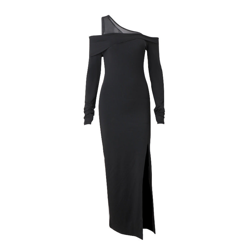 Sexy Diagonal Collar Side Slit Slim-fit Long Sleeve Dress