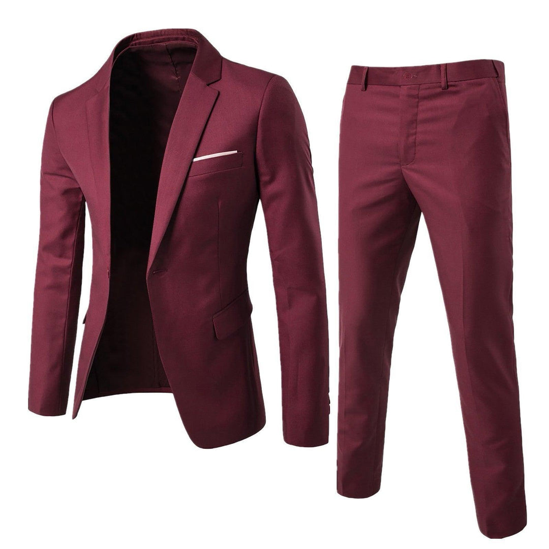 Wine red slim-fit suit jacket and matching trousers, notch lapel and chest pocket.
