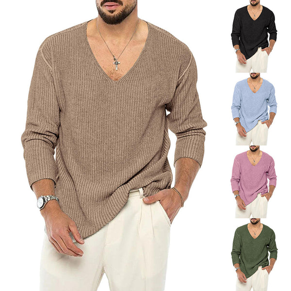 European And American V-neck Sweater Men's Solid Color Long Sleeve Fashionable Knitted Sweater