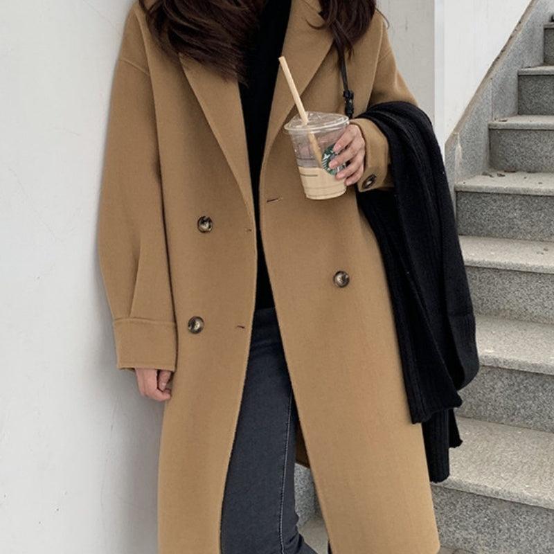 Women's mid-length wool coat in camel, double-breasted with large buttons