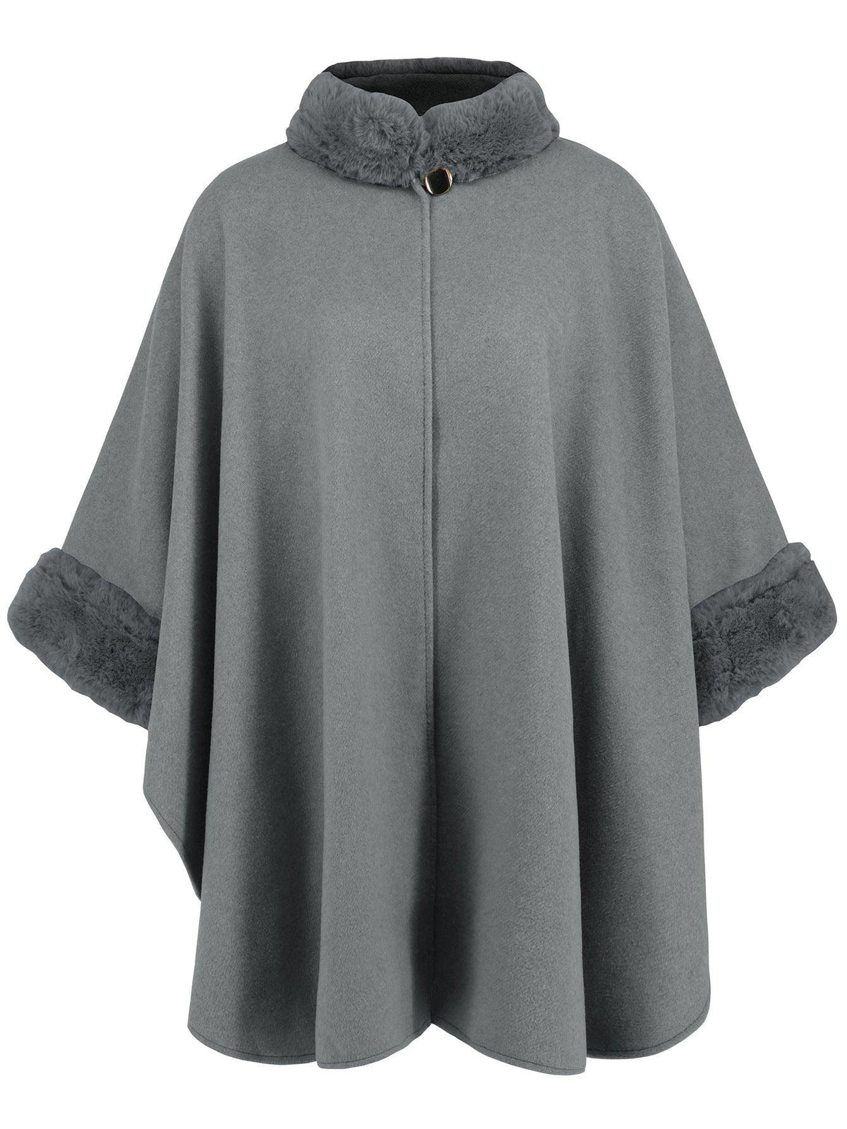 Gray mid-length coat cape with faux fur trim collar and button front