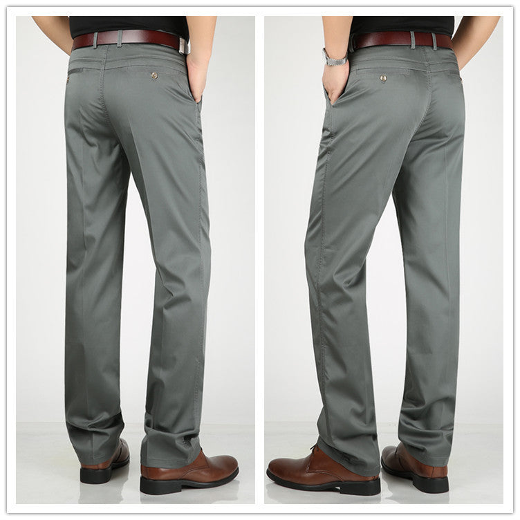 Men's straight loose casual trousers in dark and medium gray-green, side view.