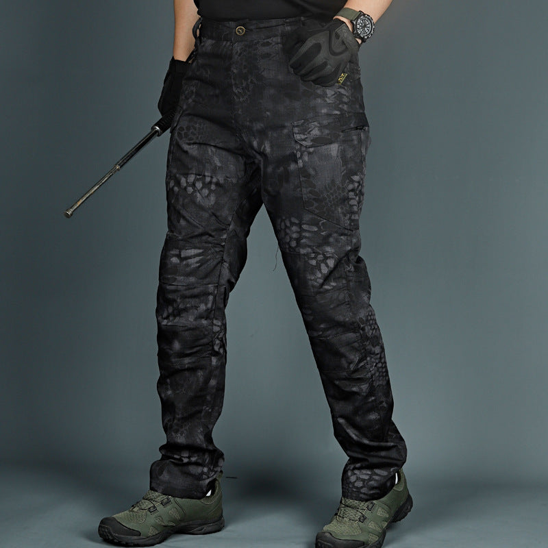 Black tactical pants with snake-skin pattern and cargo utility pockets