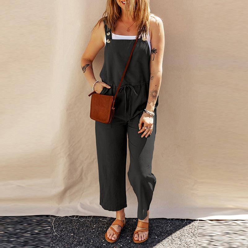 Black camisole jumpsuit with square neck, tie waist, wide-leg pants