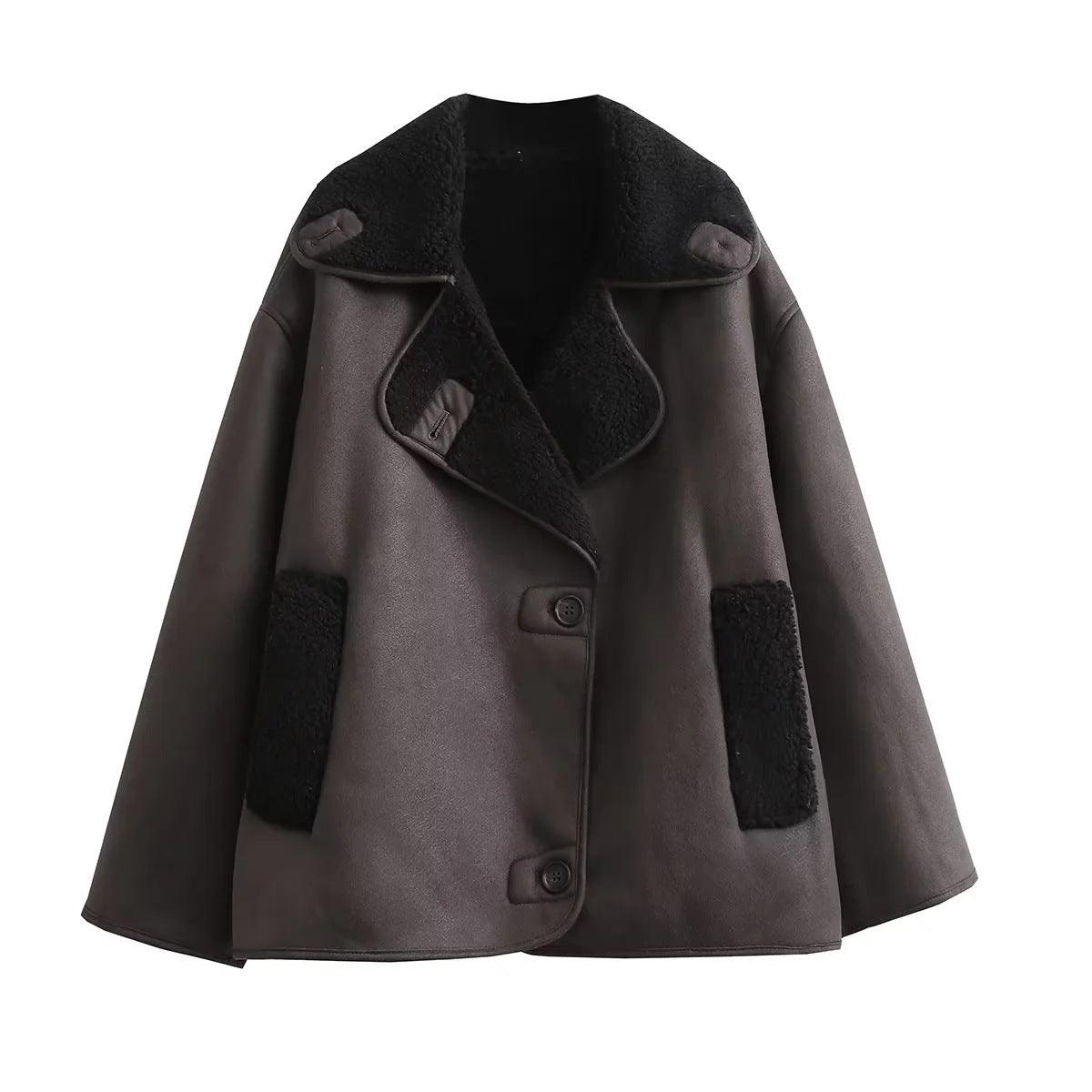 Dark brown padded jacket with notched lapels, button placket, and sherpa trim
