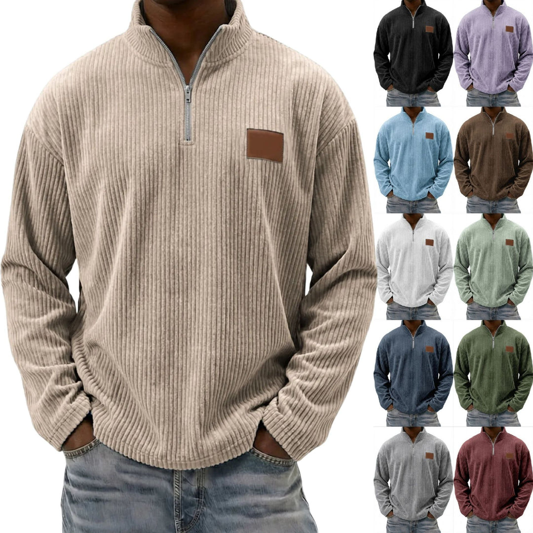 Men's Retro Embroidered Corduroy Stand-Collar Pullover
