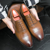 Zapatos de cuero de negocios para hombre, ropa formal, Oxford, color puro, atado