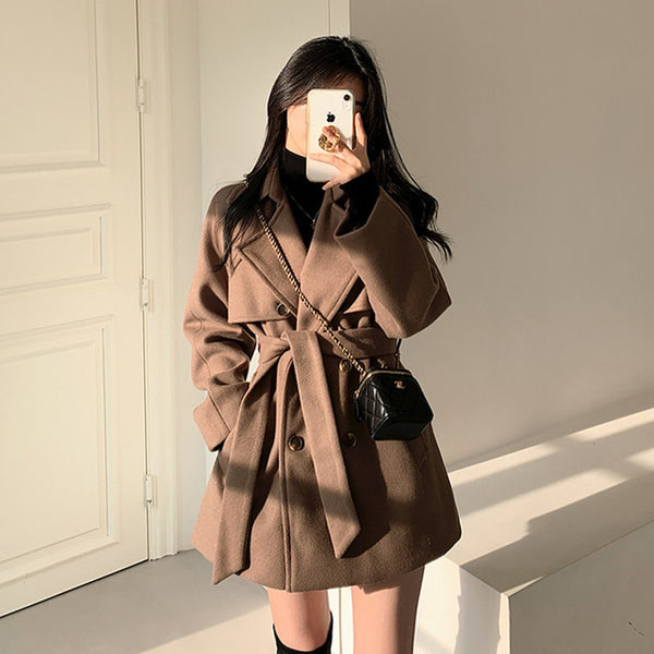 All-match Loose Collar Lace-up Woolen Coat