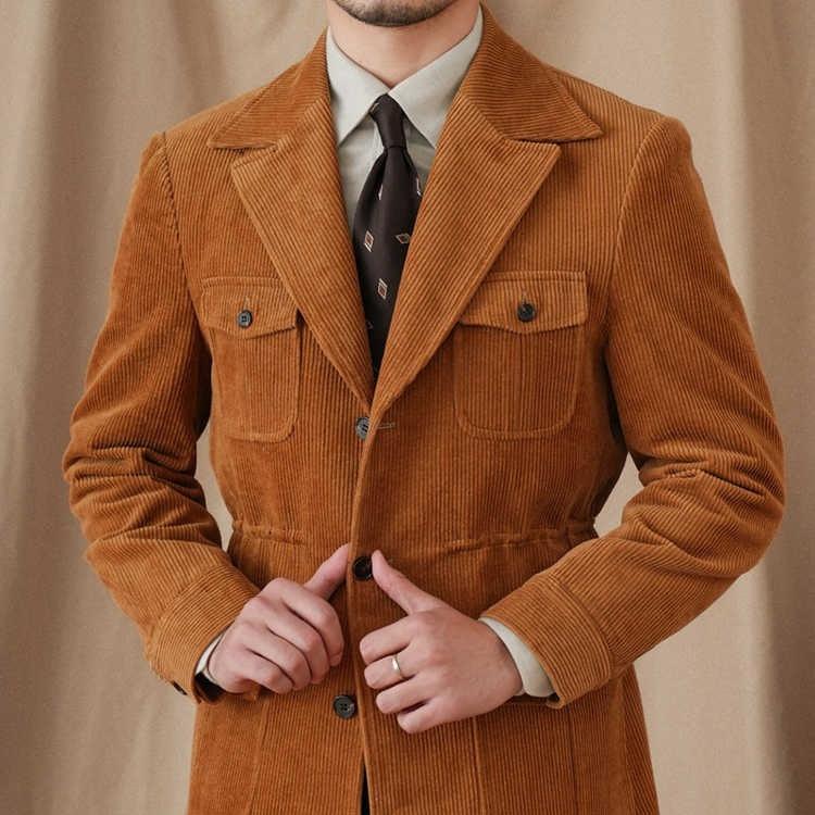 Orange-brown corduroy safari-style slim jacket, notch lapels, flap chest pockets