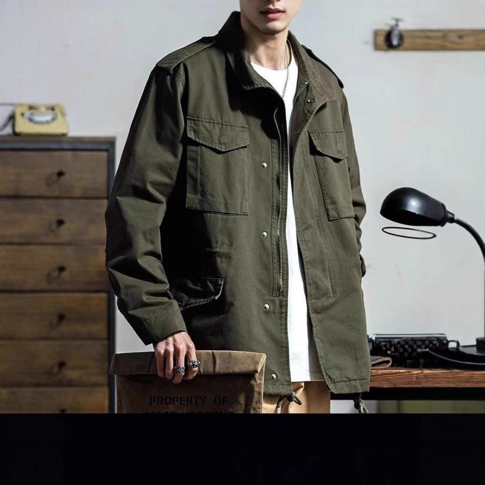 Men's vintage work jacket, olive green with button front and flap chest pockets