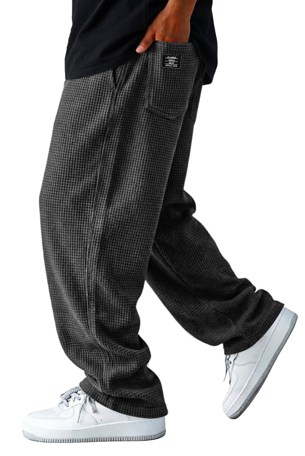 Loose wide-leg casual pants in charcoal check, elastic ankle cuffs