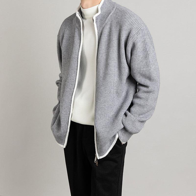 Men's gray knit cardigan sweater with full-zip front and ribbed cuffs
