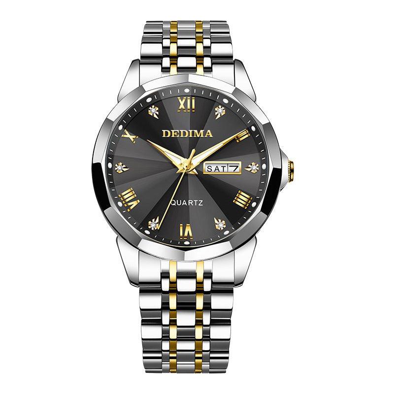 Luxury watch with black dial, gold markers, and two-tone stainless bracelet